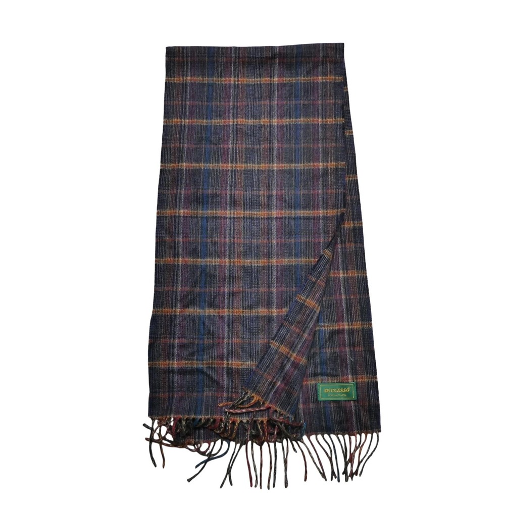 Successo Scarf Mens One Size Blue Multicolor Plaid Pure Cashmere Fringe Winter